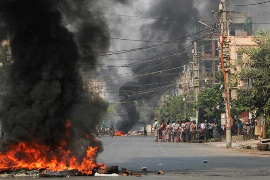 Tires burn on a street as protests against the military coup continue in Mandalay of Myanmar on Saturday –Reuters Photo
