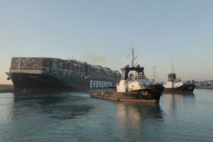 A view shows the container ship Ever Given, one of the world's largest container ships, after it was partially refloated, in Suez Canal on Monday -Reuters photo