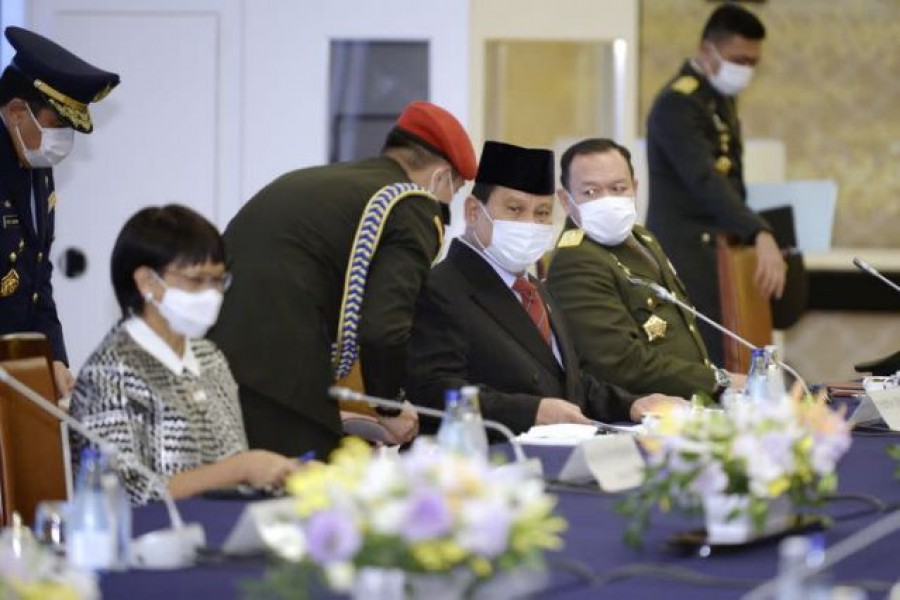 Indonesian Foreign Minister Retno Marsudi and Defense Minister Prabowo Subianto attend the start of the two-plus-two foreign and defence ministers meeting between Japan and Indonesia with Toshimitsu Motegi, Japan's foreign minister (not seen) and Defense Minister Kishi Nobuo (not seen) at the Iikura Guesthouse of the Foreign Ministry in Tokyo, Japan March 30, 2021. David Mareuil/Pool via REUTERS