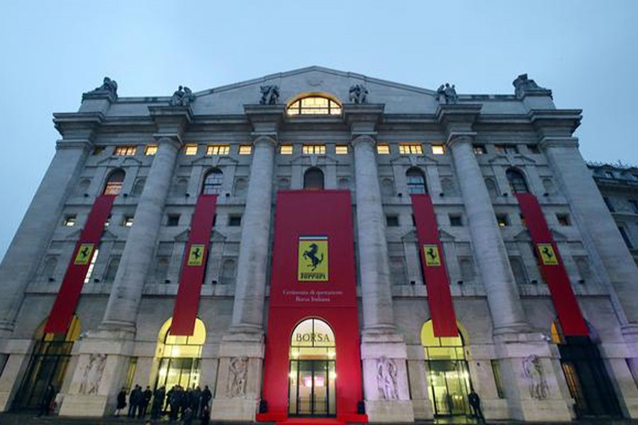 Ferrari's logo is seen on the facade of Milan's stock exchange, downtown Milan, Italy on January 4, 2016 — Reuters/Files