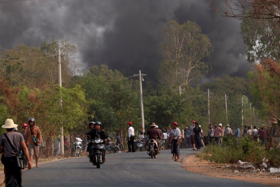 Demonstrators are seen before a clash with security forces in Taze, Sagaing Region, Myanmar on April 7, 2021, in this image obtained by Reuters