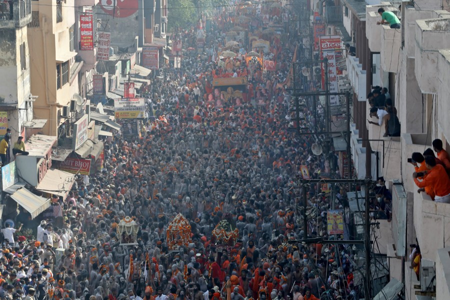 Naga Sadhus, or Hindu holy men participate in a procession to take a dip in the Ganges river during Shahi Snan at "Kumbh Mela", or the Pitcher Festival, amidst the spread of the coronavirus disease (Covid-19), in Haridwar, India on April 14, 2021 — Reuters photo