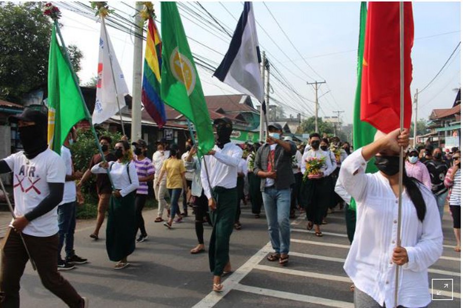 People march during a protest against the military coup in Dawei, Myanmar April 13, 2021. Courtesy of Dawei Watch/via REUTERS