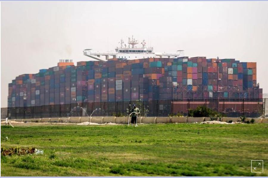 FILE PHOTO: A ship is seen after sailing through Suez Canal, in Ismailia, Egypt April 6, 2021. REUTERS/Mohamed Abd El Ghany