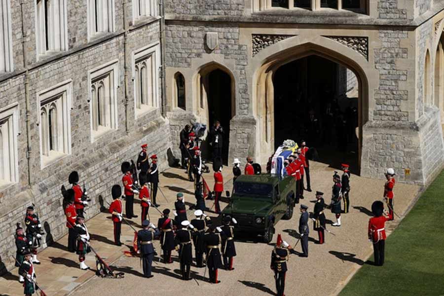 The hearse, a specially modified Land Rover, drives on the grounds of Windsor Castle on the day of the funeral of Britain's Prince Philip, husband of Queen Elizabeth, who died at the age of 99, in Windsor, Britain, on Saturday -Reuters photo