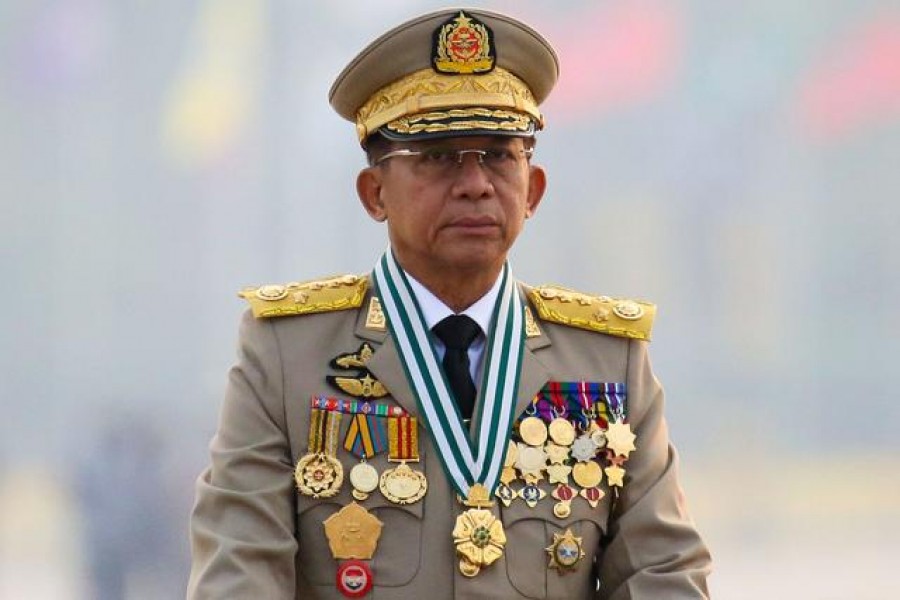 Myanmar's junta chief Senior General Min Aung Hlaing, who ousted the elected government in a coup on February 1, presides an army parade on Armed Forces Day in Naypyitaw, Myanmar, March 27, 2021. REUTERS/Stringer