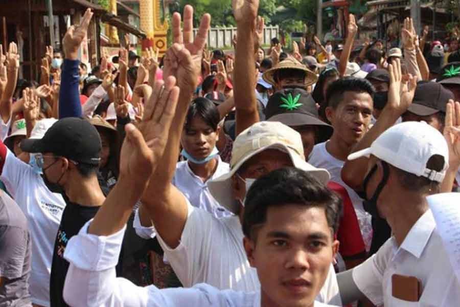 People attend a protest against Myanmar's military coup in Launglon, Myanmar, recently -Reuters file photo