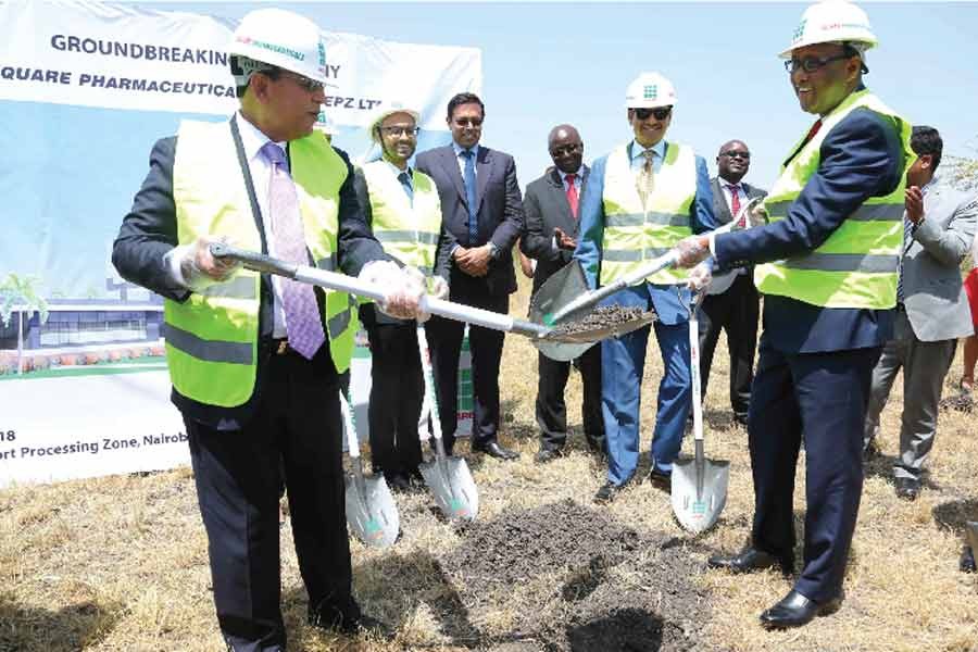 Tapan Chowdhury, Managing Director of Square Pharmaceuticals Ltd. and Adan Mohammed, Cabinet Secretary for Ministry of Industry, Trade and the Cooperatives Republic of Kenya at plant construction area after the groundbreaking event in 2018 -File photo