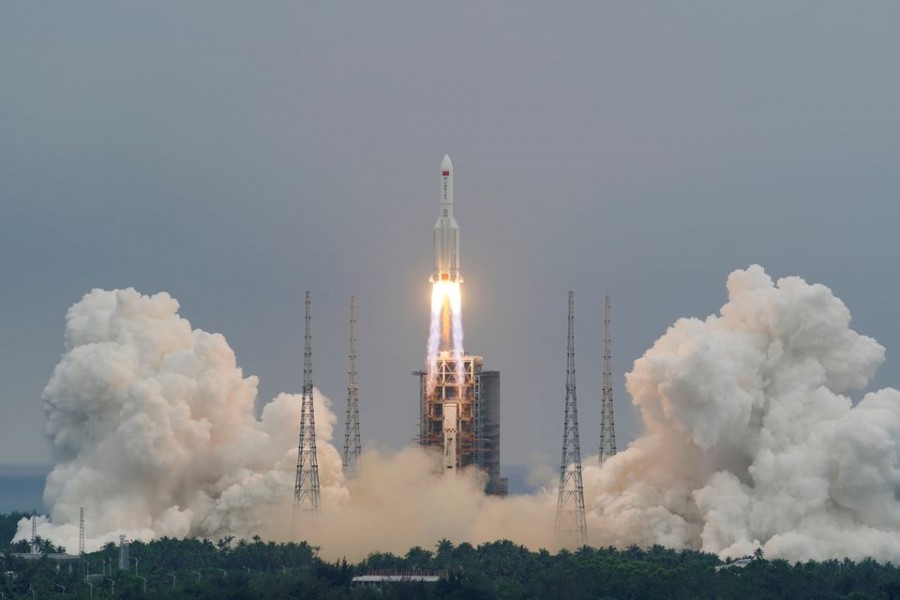 The Long March-5B Y2 rocket, carrying the core module of China's space station Tianhe, takes off from Wenchang Space Launch Center in Hainan province, China on April 29, 2021 — China Daily via Reuters