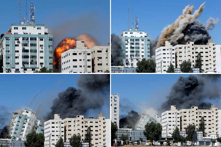 A combination picture shows a building housing AP, Al Jazeera offices as it collapses after Israeli missile strikes in Gaza city on Saturday –Reuters photos