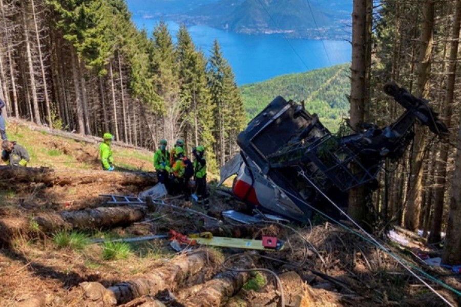 A crashed cable car is seen after it collapsed in Stresa, near Lake Maggiore, Italy May 23, 2021. ALPINE RESCUE SERVICE/Handout via REUTERS