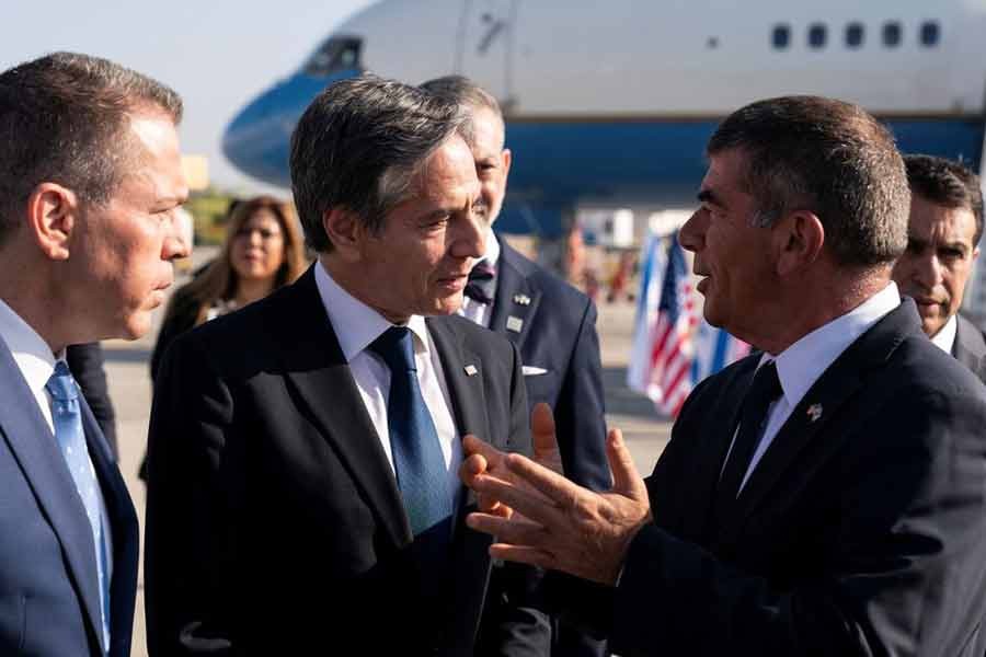 US Secretary of State Antony Blinken talking with Israeli Foreign Minister Gabi Ashkenazi, upon arrival at Tel Aviv Ben Gurion Airport in Tel Aviv on Tuesday –Reuters Photo