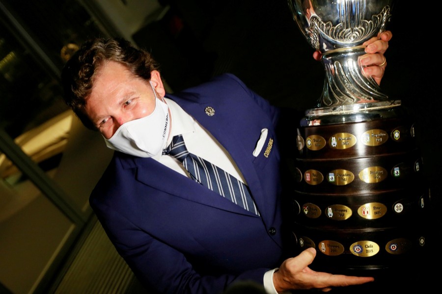 Alejandro Dominguez, president of CONMEBOL, holds the Copa America trophy in Montevideo, Uruguay on April 28, 2021 — Reuters/Files