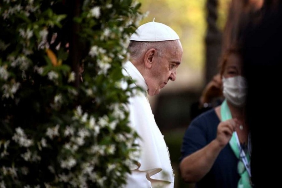 Pope Francis arrives to leads Holy Rosary prayer in Vatican gardens to end the month of May, at the Vatican, May 31, 2021. REUTERS