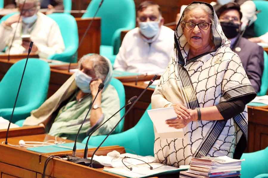 Prime Minister Sheikh Hasina taking part in a discussion on a condolence motion in the parliament on Wednesday –PID Photo  