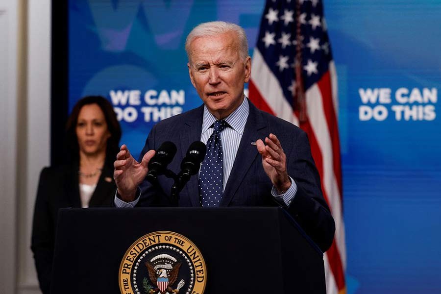 US President Joe Biden delivering remarks on his administration's coronavirus disease (COVID-19) response in the Eisenhower Executive Office Building's South Court Auditorium at the White House in Washington recently –Reuters file photo