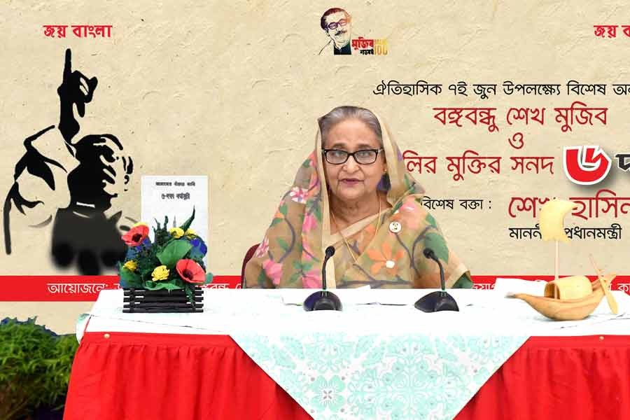 Prime Minister Sheikh Hasina addressing a special discussion on Monday marking the historic Six-Point Demand Day –PID Photo