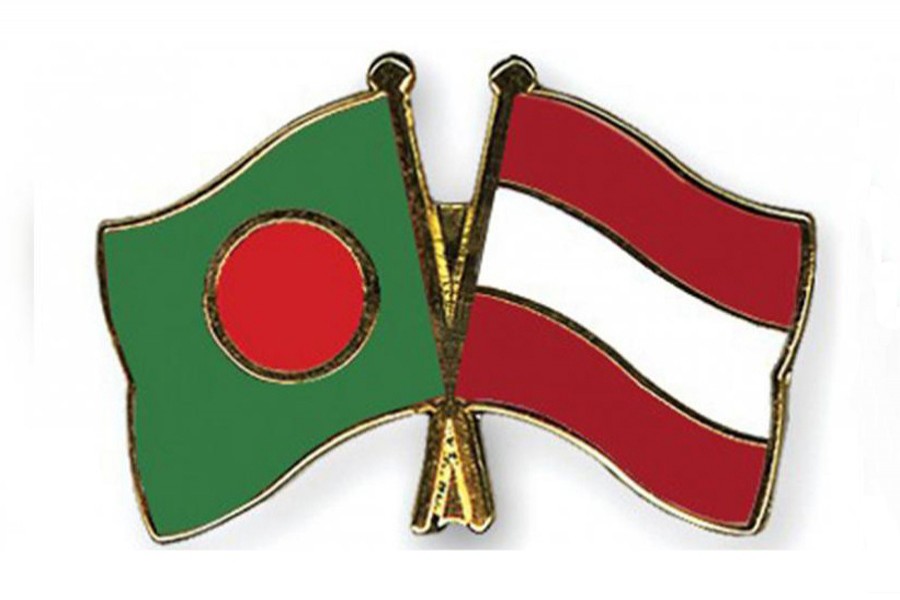 Flags of Bangladesh and Austria are seen cross-pinned in the image, symbolising friendship between the two nations