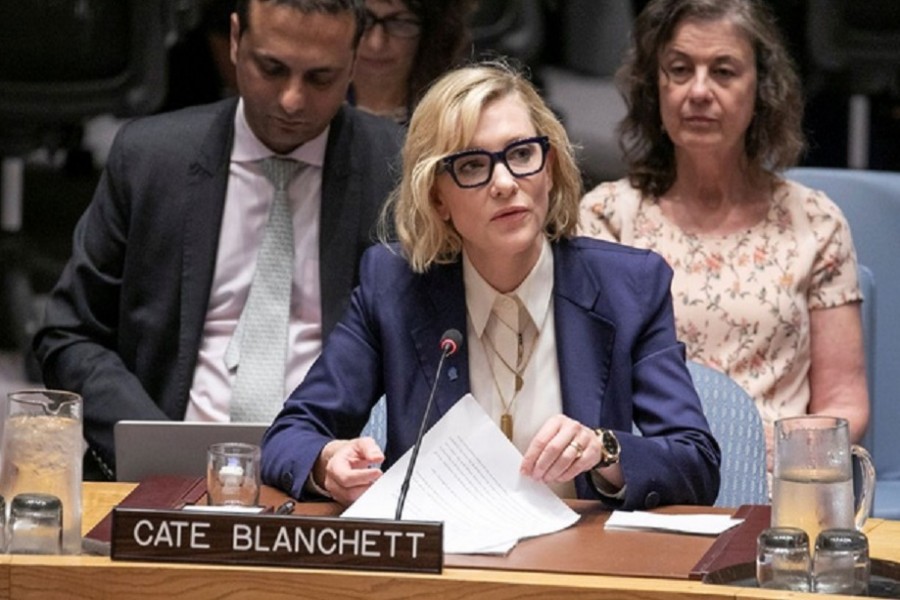 Cate Blanchett, Goodwill Ambassador for UNHCR, the UN Refugee Agency, speaks at the United Nations Security Council on the Rohingya emergency in New York City, New York, US August 28, 2018. REUTERS