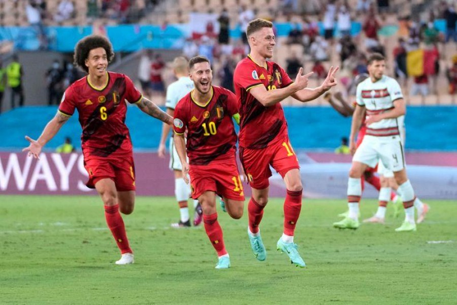 Euro 2020 - Round of 16 - Belgium v Portugal - La Cartuja Stadium, Seville, Spain - June 27, 2021 Belgium's Thorgan Hazard celebrates scoring their first goal Pool via REUTERS/Thanassis Stavrakis