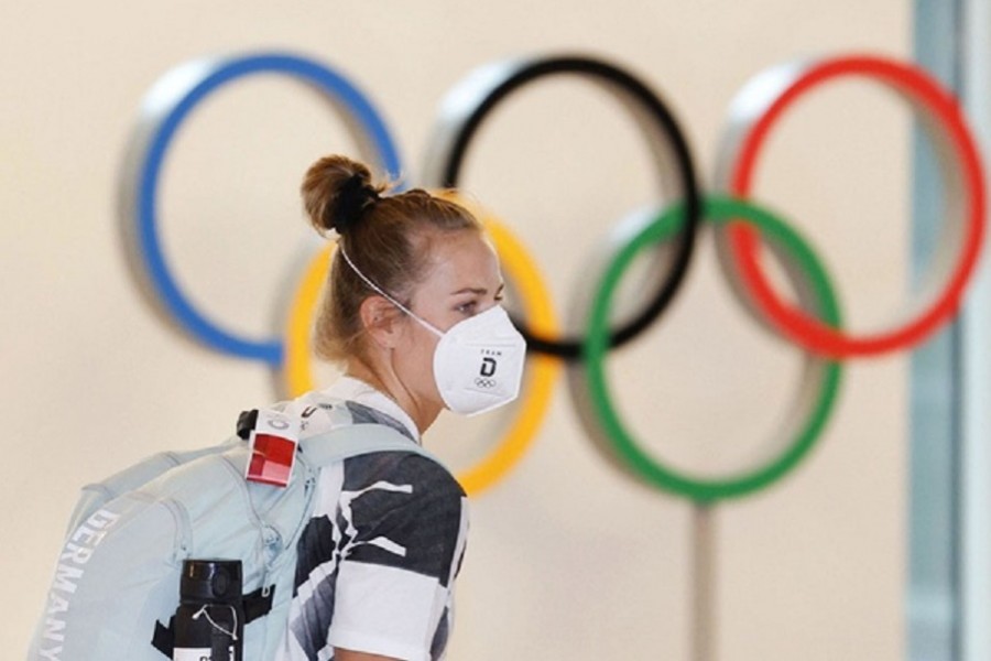 A member of Germany's rowing team member arrive at Narita airport ahead of Tokyo 2020 Olympic Games at Haneda airport, in Tokyo, Japan in this photo taken by Kyodo July1, 2021. Mandatory credit Kyodo/via REUTERS