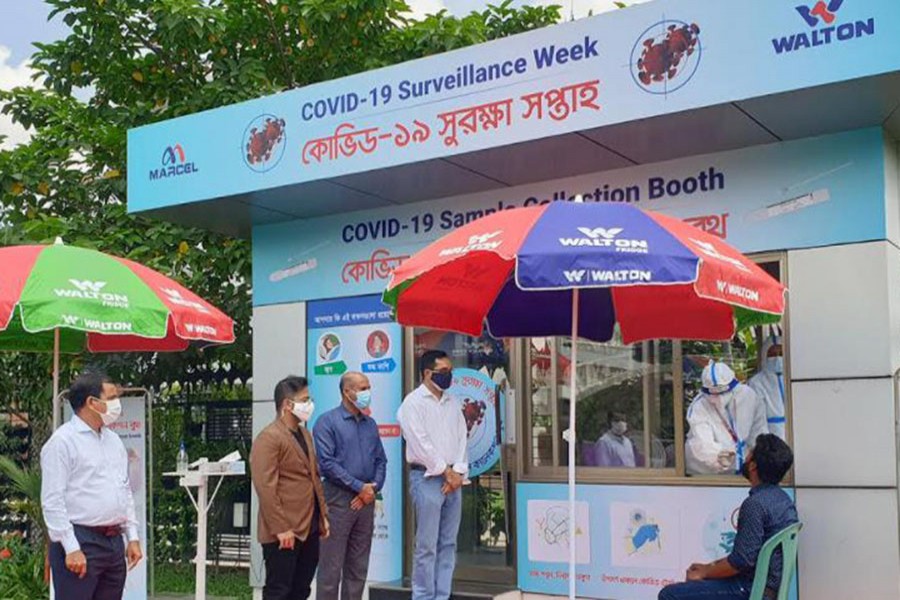 Picture 2: Walton Hi-Tech Industries Limited's Managing Director Engineer Golam Murshed along with other high officials observing the activities of Covid-19 sample collection booth set up at the corporate office.