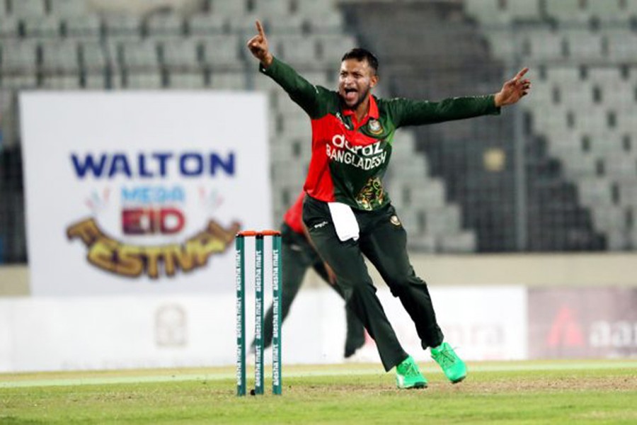 Bangladesh’s spinner Shakib Al Hasan bags five wickets for 30 runs  in first ODI against Zimbabwe. Photo courtesy: BCB