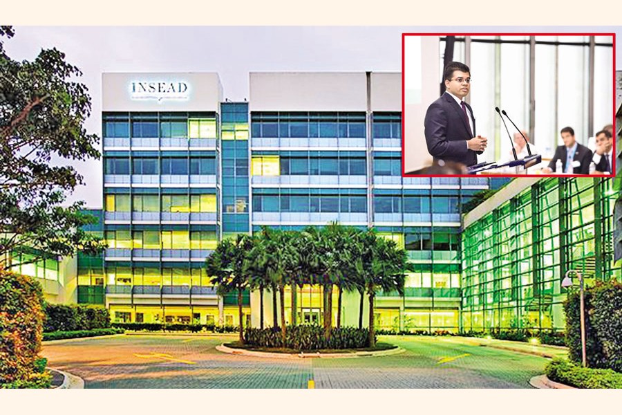 A partial view of INSEAD Asia Campus in Singapore; the writer (inset) making a class presentation