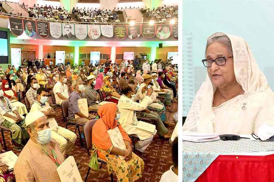 Prime Minister Sheikh Hasina addressing an inaugural programme of over 300 apartments, constructed for slum residents in Mirpur, through a videoconference from Ganabhaban on Tuesday -PID Photo