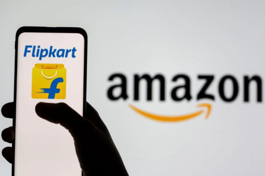 Smartphone with Flipkart logo is seen in front of displayed Amazon logo in this illustration taken, July 30, 2021. REUTERS/Dado Ruvic/Illustration