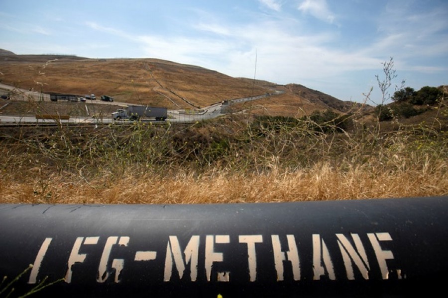 A pipeline that moves methane gas from the Frank R Bowerman landfill to an onsite power plant is shown in Irvine, California, California, US, Jun 15, 2021 — Reuters