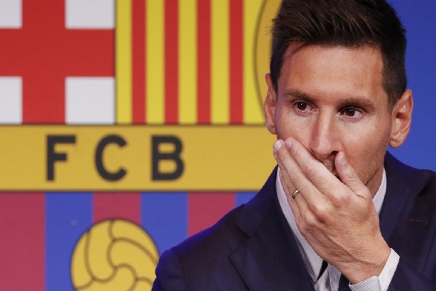 Soccer Football - Lionel Messi holds an FC Barcelona press conference - 1899 Auditorium, Camp Nou, Barcelona, Spain - August 8, 2021 Lionel Messi during the press conference REUTERS/Albert Gea