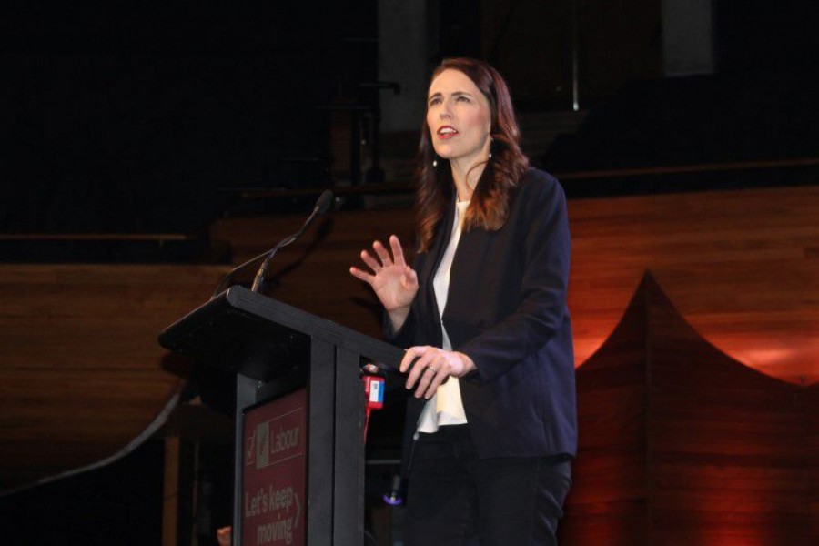 Prime Minister Jacinda Ardern addresses her supporters at a Labour Party event in Wellington, New Zealand, October 11, 2020. REUTERS/Praveen Menon