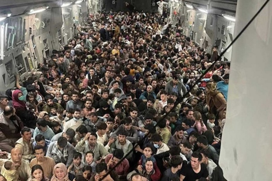 A photo from the inside of Reach 871, a US Air Force C-17 flown from Kabul to Qatar on Aug 15. COURTESY PHOTO: Defense One