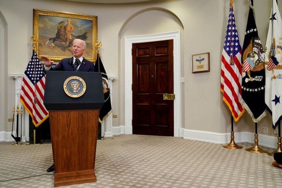 US President Joe Biden gestures as he speaks about Hurricane Henri and the evacuation of Afghanistan in the Roosevelt Room of the White House in Washington, DC, US on August 22, 2021 — Reuters photo