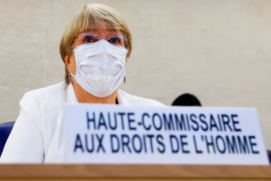 UN High Commissioner for Human Rights Michelle Bachelet wears a face mask at a special session of the Human Rights Council on the situation in Afghanistan, at the European headquarters of the United Nations in Geneva, Switzerland, August 24, 2021. REUTERS/Denis Balibouse