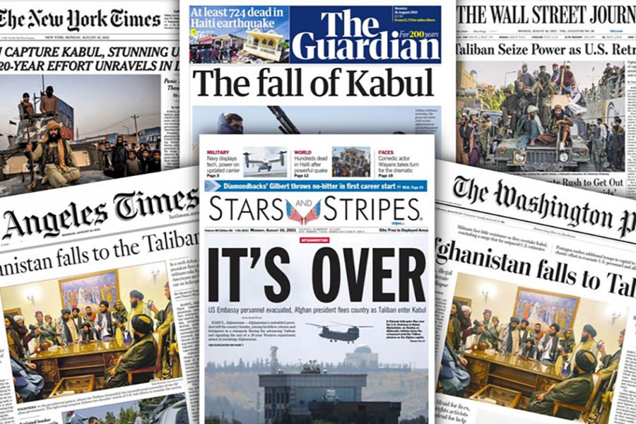 Leading newspapers front pages covering the fall of Afghanistan to Taliban forces