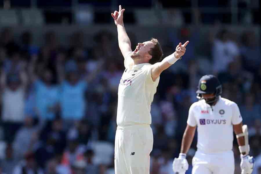 England's Ollie Robinson celebrating after taking the wicket of India's Ishant Sharma during third Test at Headingley on Saturday -Reuters photo