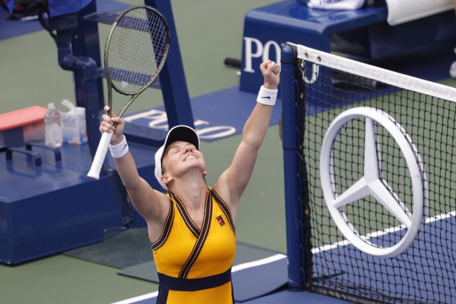 Aug 30, 2021; Flushing, NY, USA; Simona Halep (ROU) celebrates after her match against Camila Giorgi (ITA) (not pictured) on day one of the 2021 U.S. Open tennis tournament at USTA Billie King National Tennis Center. Mandatory Credit: Geoff Burke-USA TODAY Sports