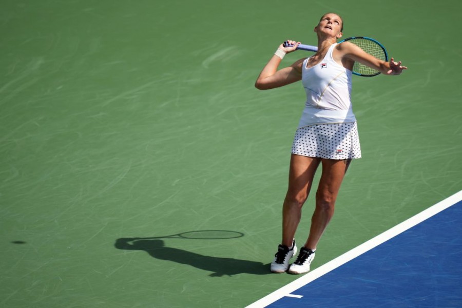 Aug 31, 2021; Flushing, NY, USA; Karolina Pliskova of the Czech Republic serves to Catherine McNally of the United States on day two of the 2021 US Open tennis tournament at USTA Billie King National Tennis Center. Mandatory Credit: Danielle Parhizkaran-USA TODAY Sports