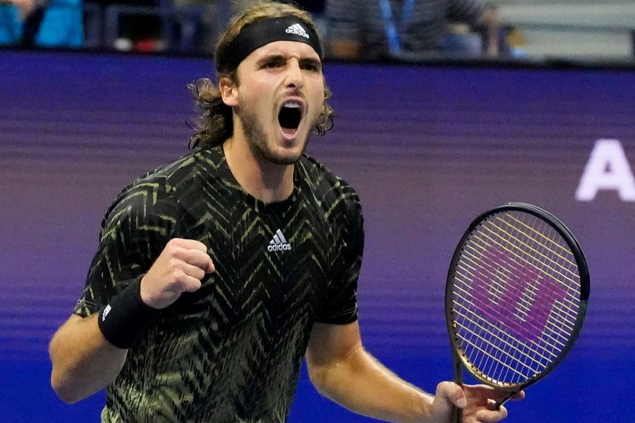 Stefanos Tsitsipas of Greece reacts after a service break in the fourth set against Adrian Mannarino of France on day three of the 2021 US Open tennis tournament at USTA Billie King National Tennis Center — USA TODAY Sports via REUTERS