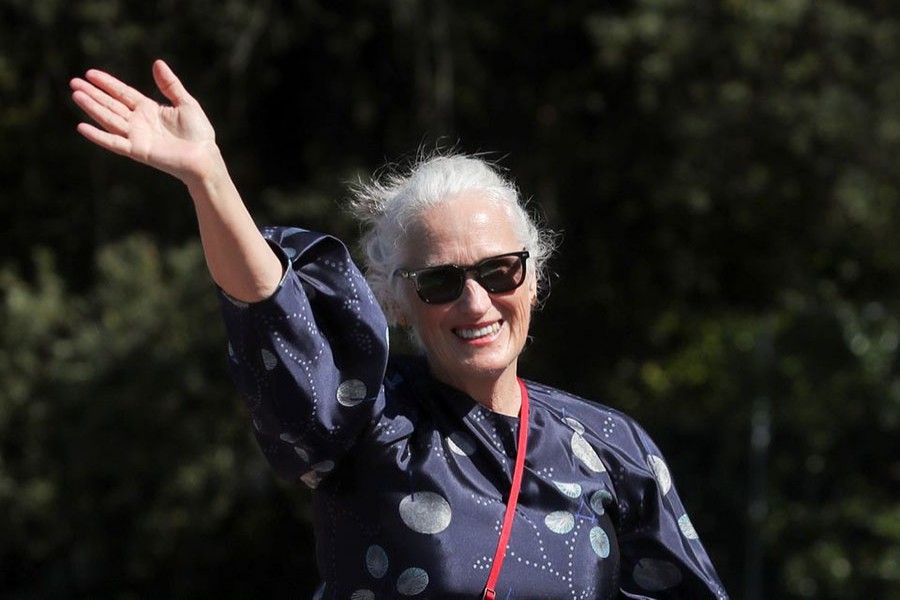 Director Jane Campion waves during the 78th Venice International Film Festival, in Venice, Italy, September 2, 2021. Reuters