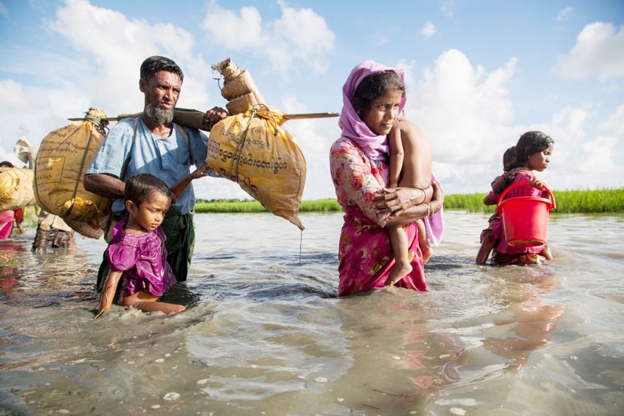 A Rohingya family wades through water crossing the border from Myanmar into Bangladesh. 	—UNHCR Photo