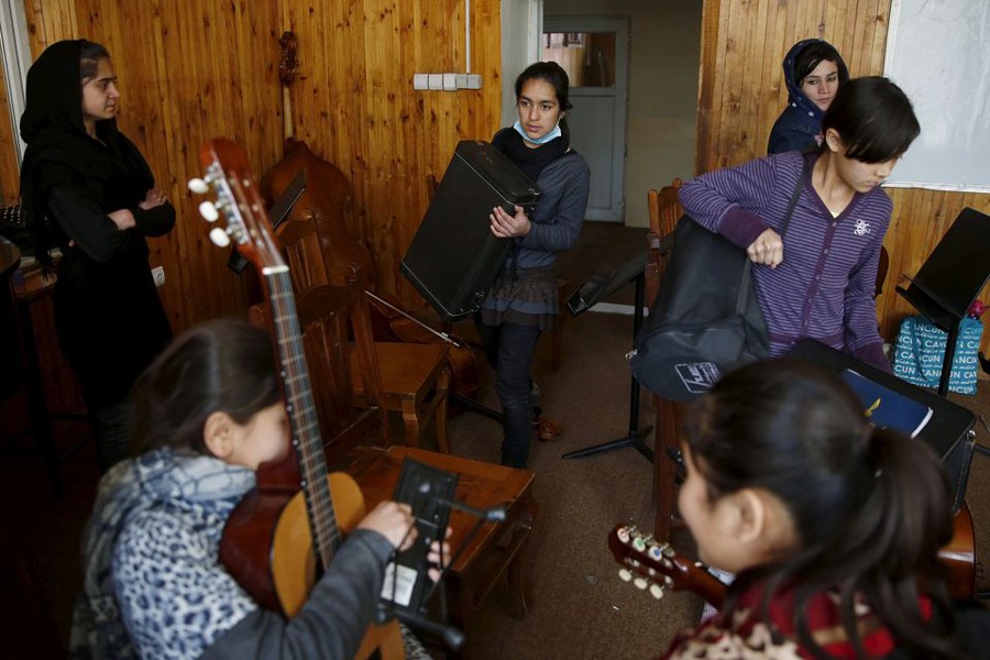 Members of the Zohra orchestra, an ensemble of 35 women, practises during a session, at Afghanistan's National Institute of Music, in Kabul, Afghanistan on April 4, 2016 — Reuters/Files