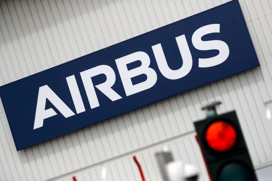 The logo of Airbus is pictured at the entrance of the Airbus facility in Bouguenais, near Nantes, France on July 2, 2020 — Retuers/Files