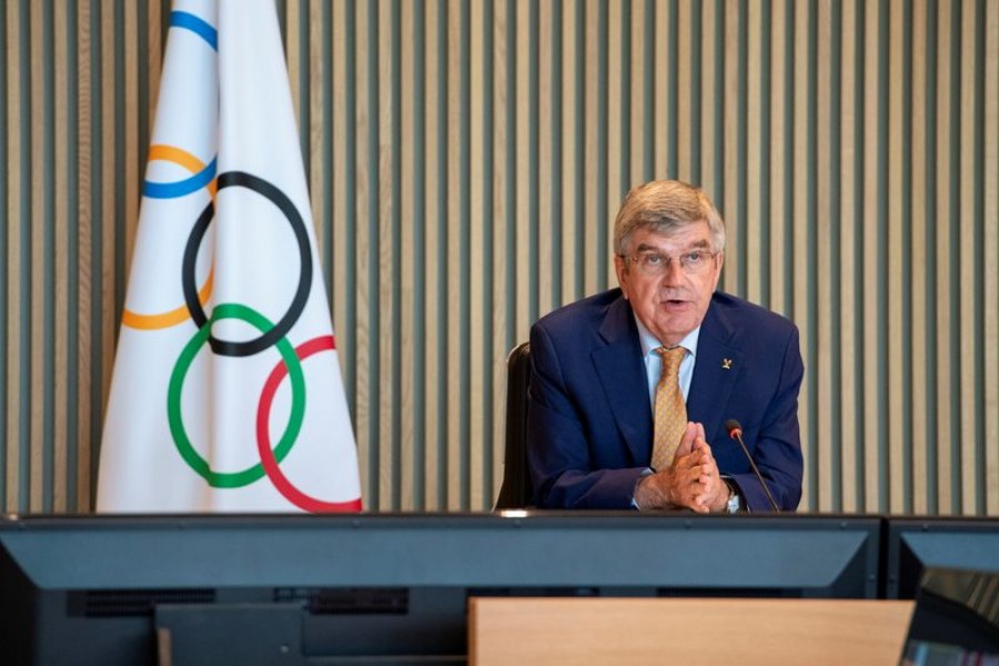 International Olympic Committee (IOC) President Thomas Bach attends the Executive Board virtual meeting at the Olympic House in Lausanne, Switzerland, September 8, 2021 — IO Handout via REUTERS