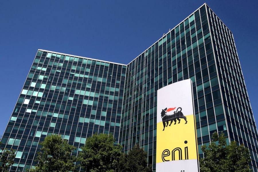 Eni's logo is seen in front of its headquarters in San Donato Milanese, near Milan, Italy, April 27, 2016. REUTERS/Stefano Rellandini/File Photo