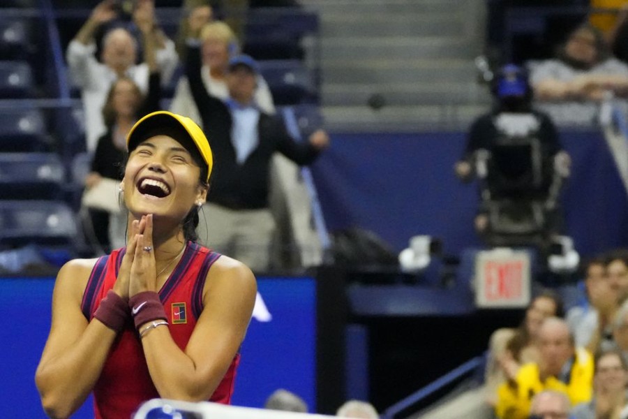 Emma Raducanu of Great Britain celebrates after her match against Maria Sakkari of Greece (not pictured) on day eleven of the 2021 US Open tennis tournament at USTA Billie Jean King National Tennis Center— USA TODAY Sports via REUTERS