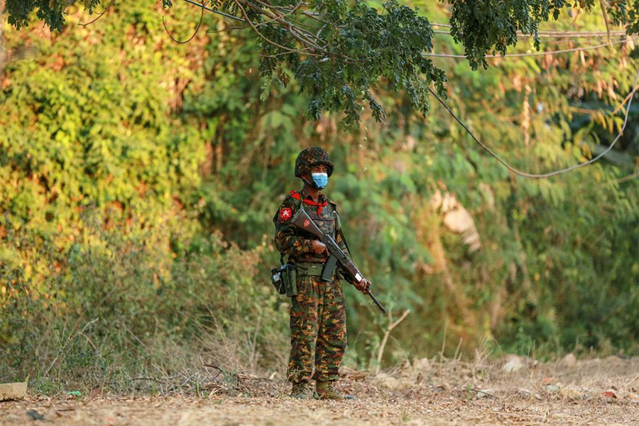 A Myanmar soldier stands guard near the congress compound in Naypyitaw, Myanmar on February 2, 2021 — Reuters/Files