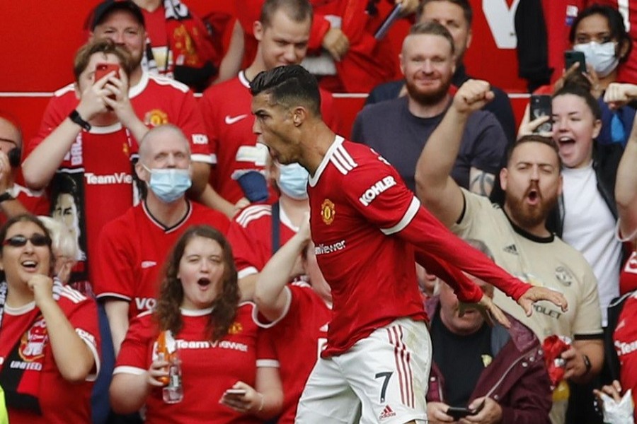 Soccer Football - Premier League - Manchester United v Newcastle United - Old Trafford, Manchester, Britain - September 11, 2021 Manchester United's Cristiano Ronaldo celebrates scoring their first goal — Reuters/Phil Noble